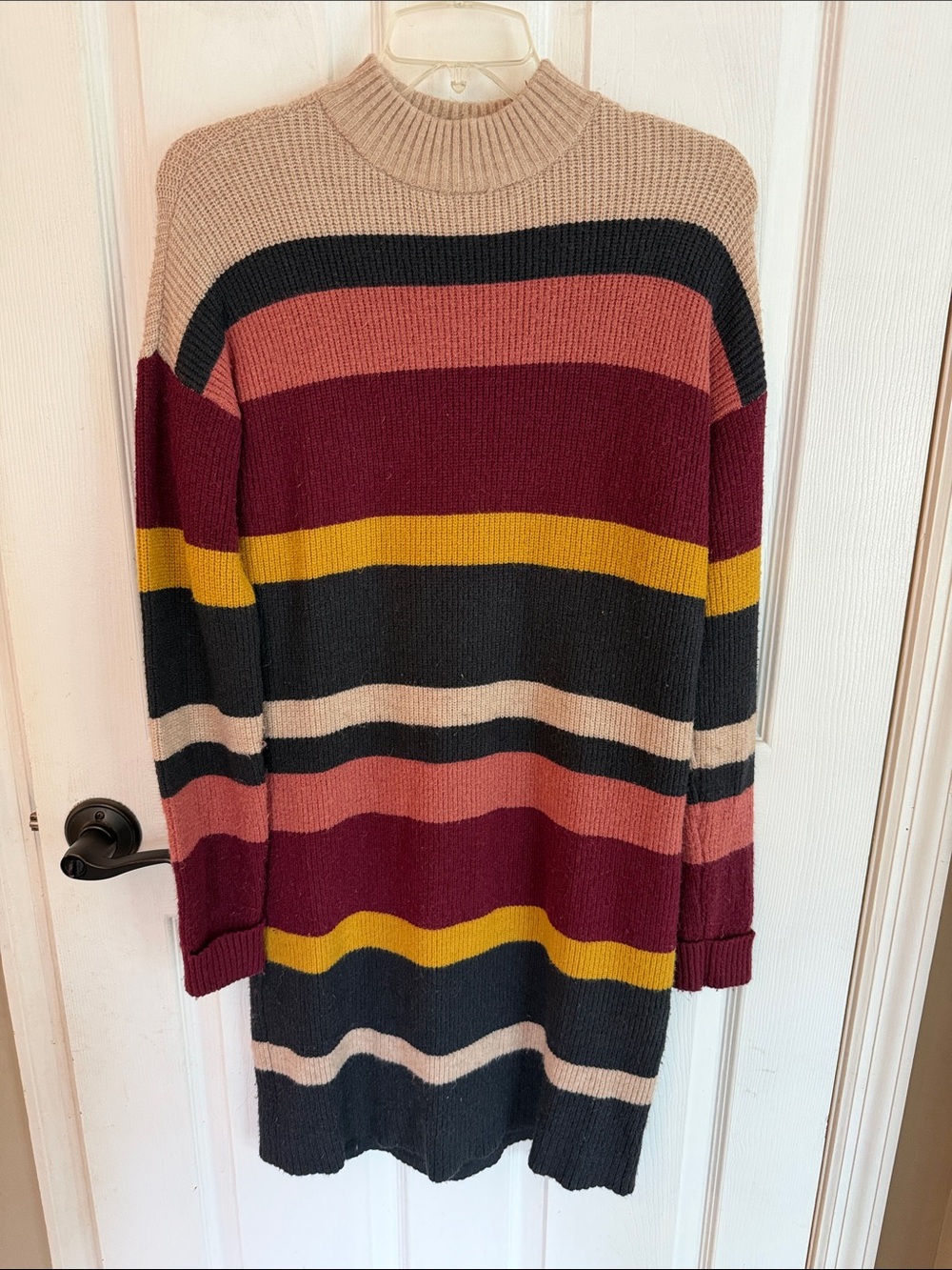 Striped Rib-Knit Sweater Dress in Burgundy, Mustard & Black
